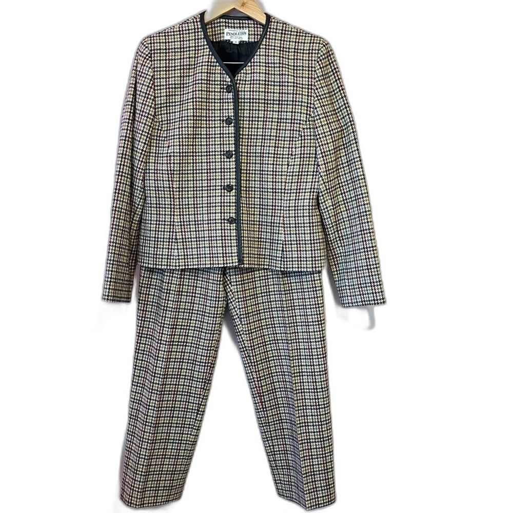 Pendleton Vintage 1970s Houndstooth 2 Piece Pant Suit Sz 12 100% Virgin Wool USA